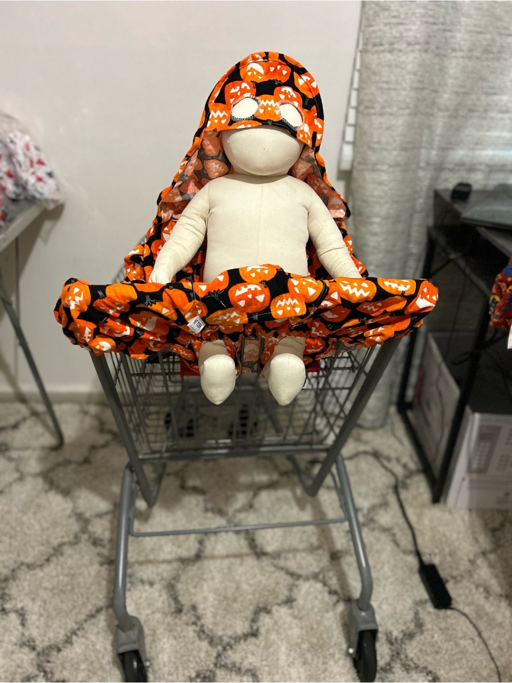 Pumpkin glow in the dark costume shopping cart liner with matching handbag